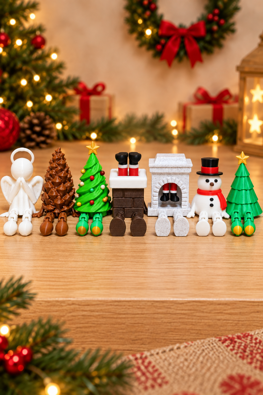 Kit 7 Personagens Articulados de Natal reunidos em impressão 3D: Anjo da Guarda, Pinha Articulada, Árvore com Decoração, Papai Noel Chaminé, Lareira, Boneco de Neve e Árvore Articulada Giratória