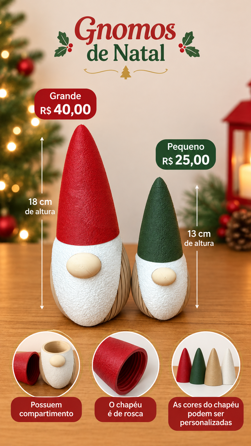 Gnomos de Natal com compartimento secreto e chapéu de rosca - Grande 18 cm com chapéu vermelho e Pequeno 13 cm com chapéu verde