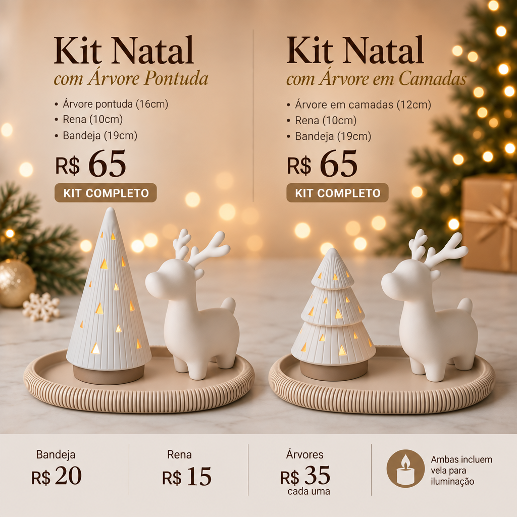 Kit Natal (Árvore + Rena + Bandeja) em impressão 3D - Versão com árvore pontuda 16 cm à esquerda e versão com árvore de camadas 12 cm à direita, ambas com rena 10 cm e bandeja 19 cm