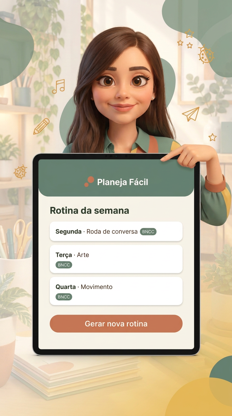 Professora apresentando o app Planeja Fácil com a rotina da semana pronta e alinhada à BNCC