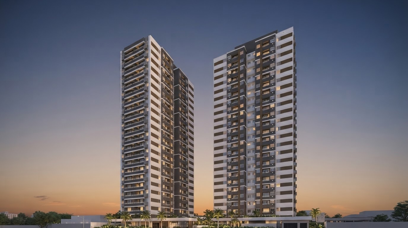 Render das torres residenciais Terrasse Vila Ema ao entardecer