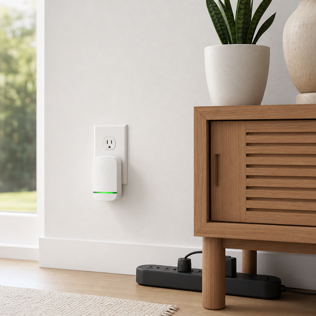 StopWatt device plugged into wall outlet in modern American home with natural daylight and plants